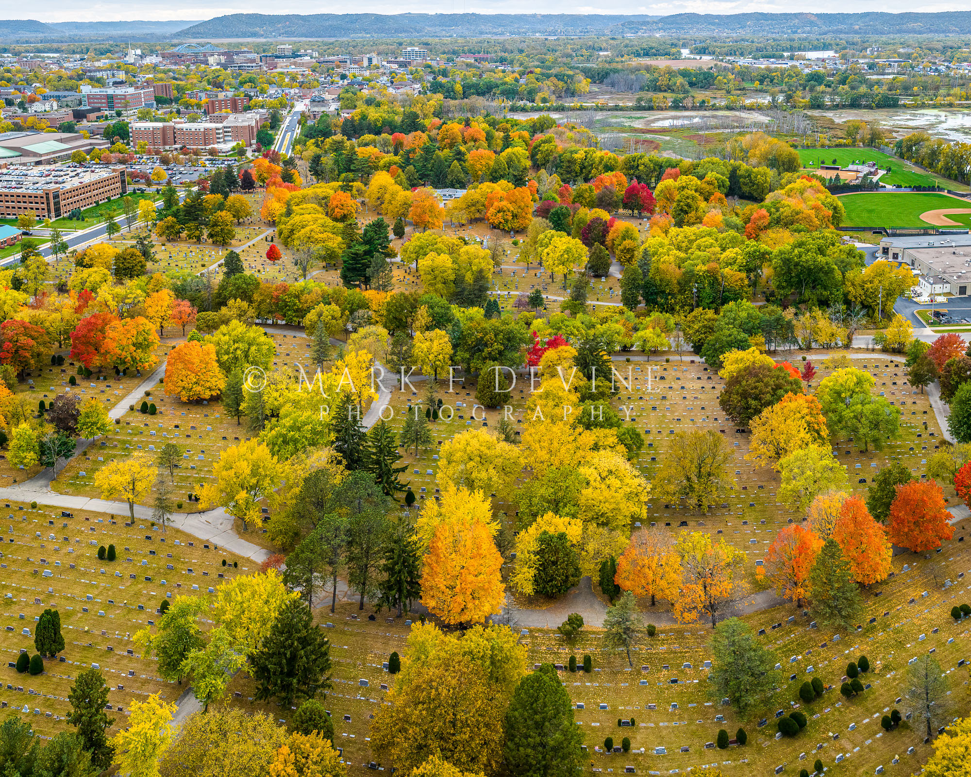 On this particular autumn day Oak Grove Cemetery was arguably the most colorful spot in La Crosse. This panoramic aerial view...