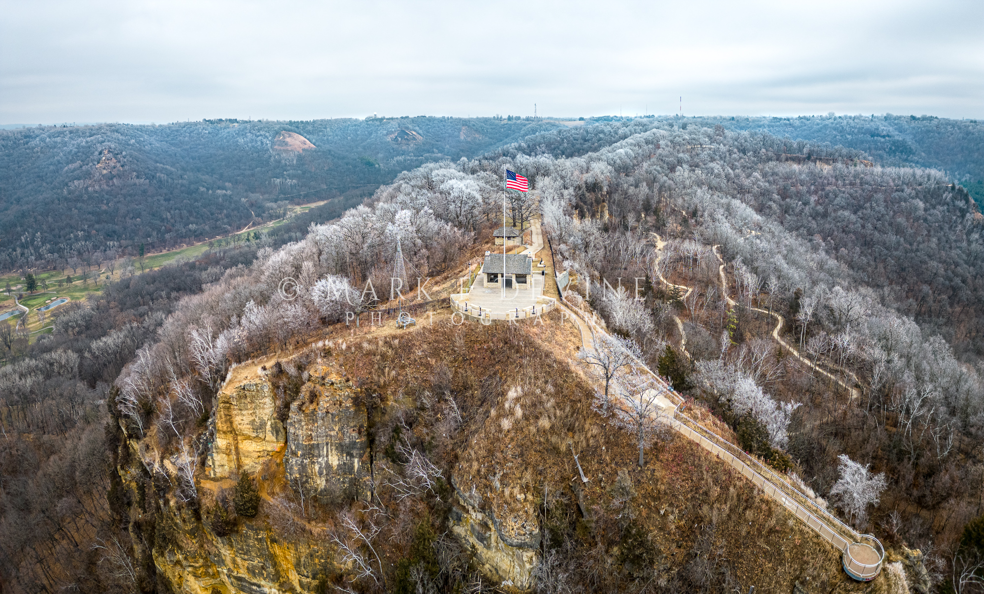 A close-up view of the summit of Grandad Bluff in La Crosse, Wisconsin.  Rime ice had frosted the trees along the ridgeline and...