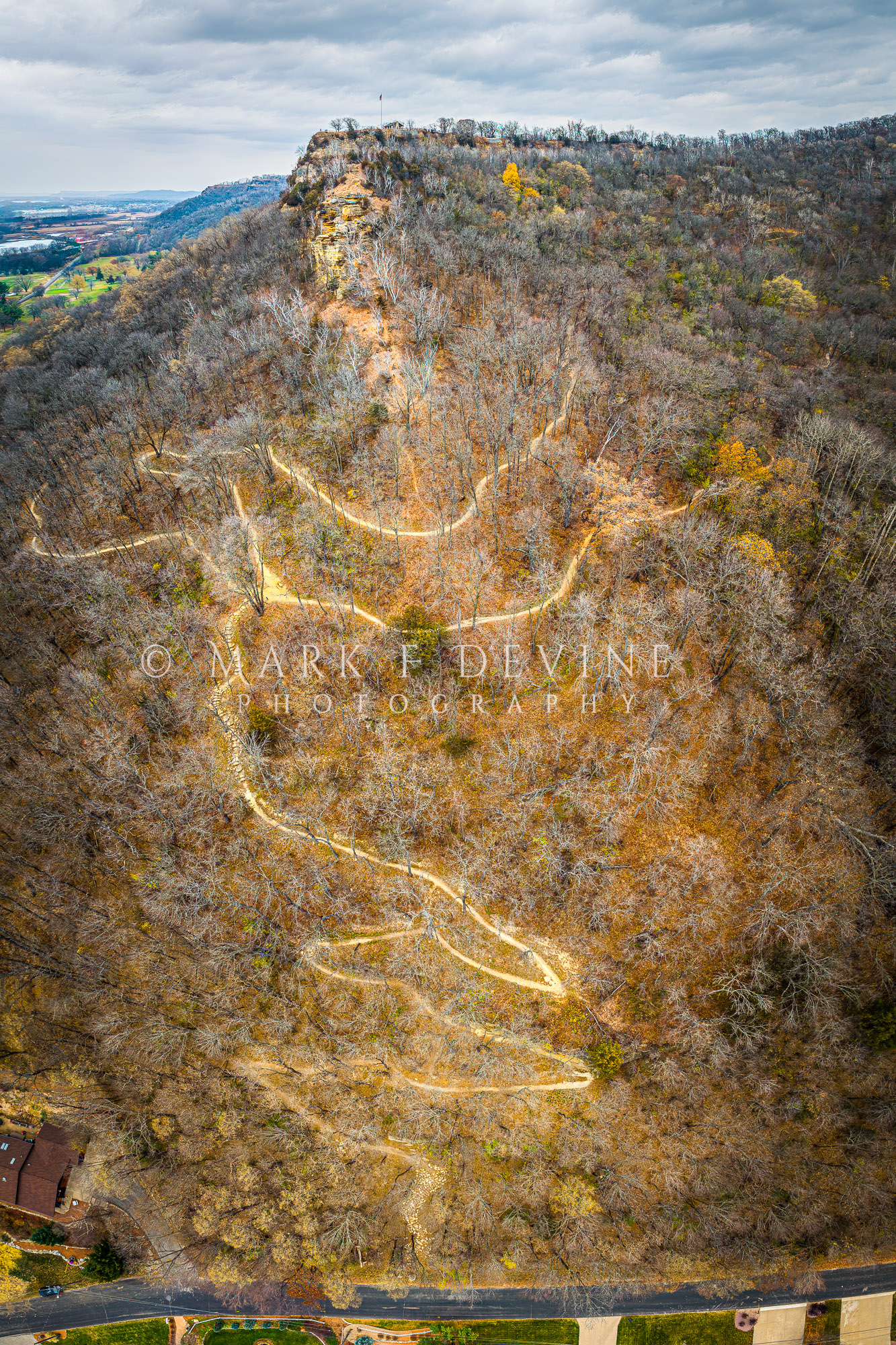 An aerial vertical panoramic image of the southwestern flank of Grandad Bluff - late in the day on a cloudy November afternoon...