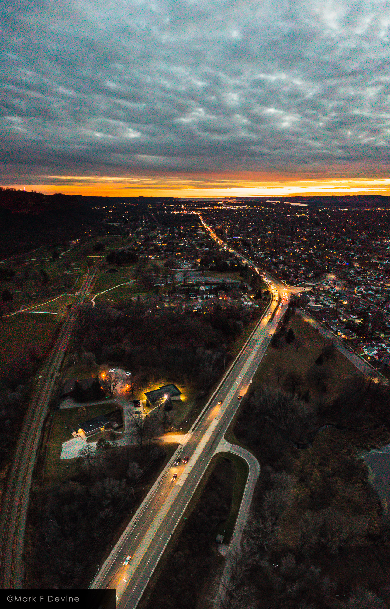 Aerial autumn sunset view looking south over Losey Boulevard in La Crosse, Wisconsin.