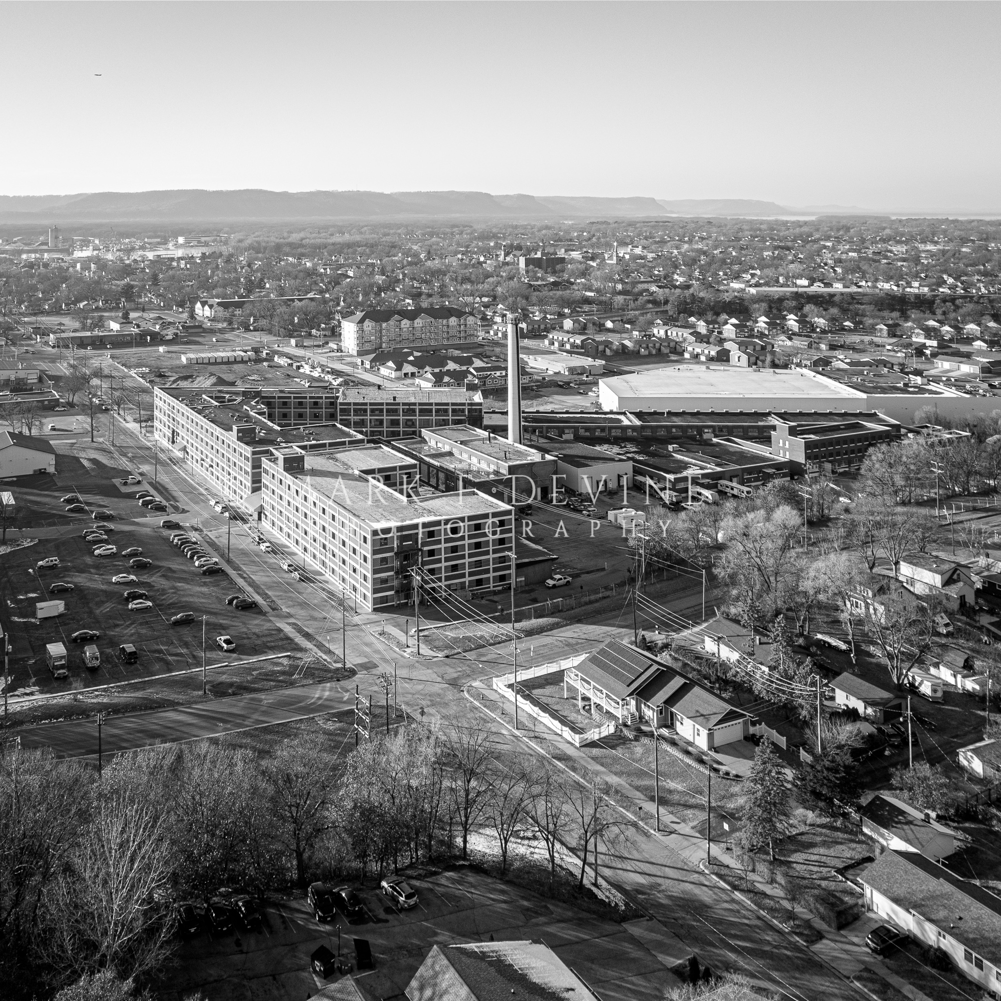 Aerial image of the Rubber Mills complex in La Crosse, Wisconsin.