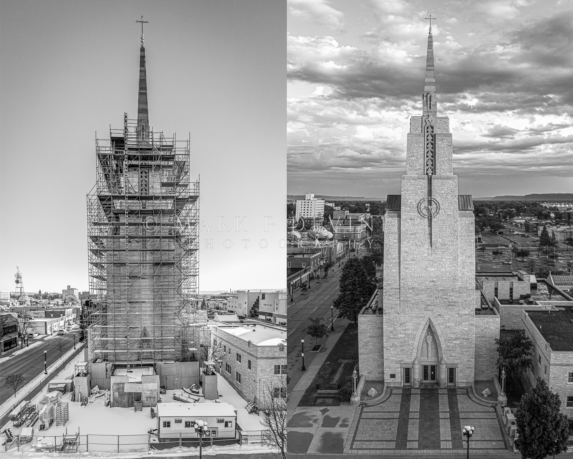 Aerial panorama of Saint Joseph the Workman Cathedral, during and after completion of renovations.