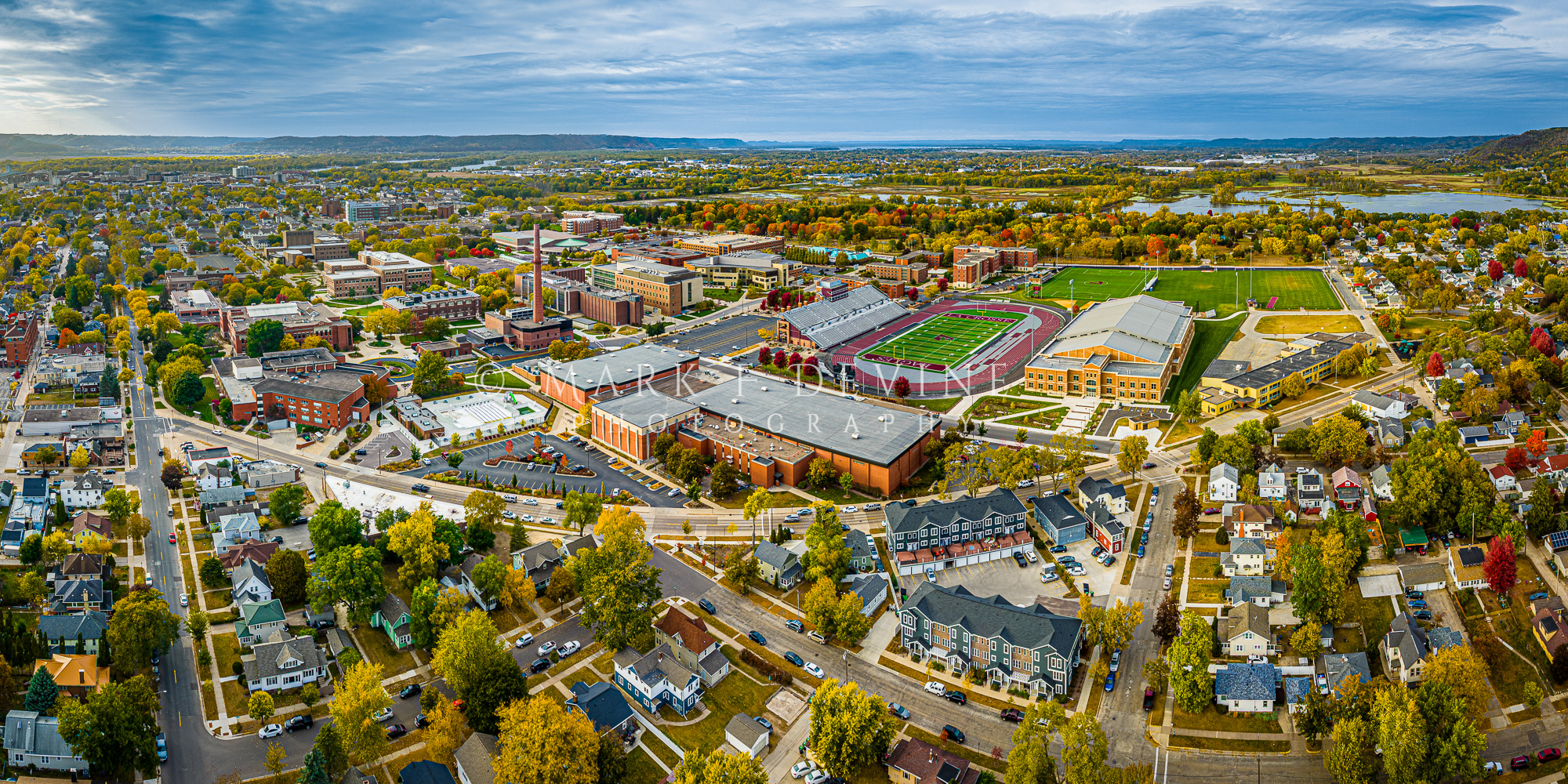 Autumn afternoon at the UW-La Crosse campus.  View is looking northwest with Campbell Road and Mitchell Hall in the foreground...